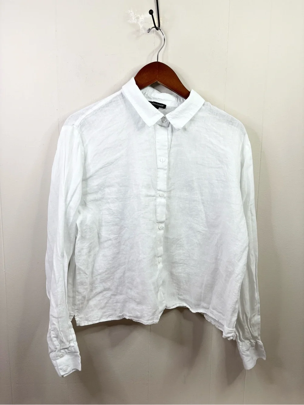 Eileen Fisher Organic Handkerchief Linen Classic Collar Short Shirt size L white